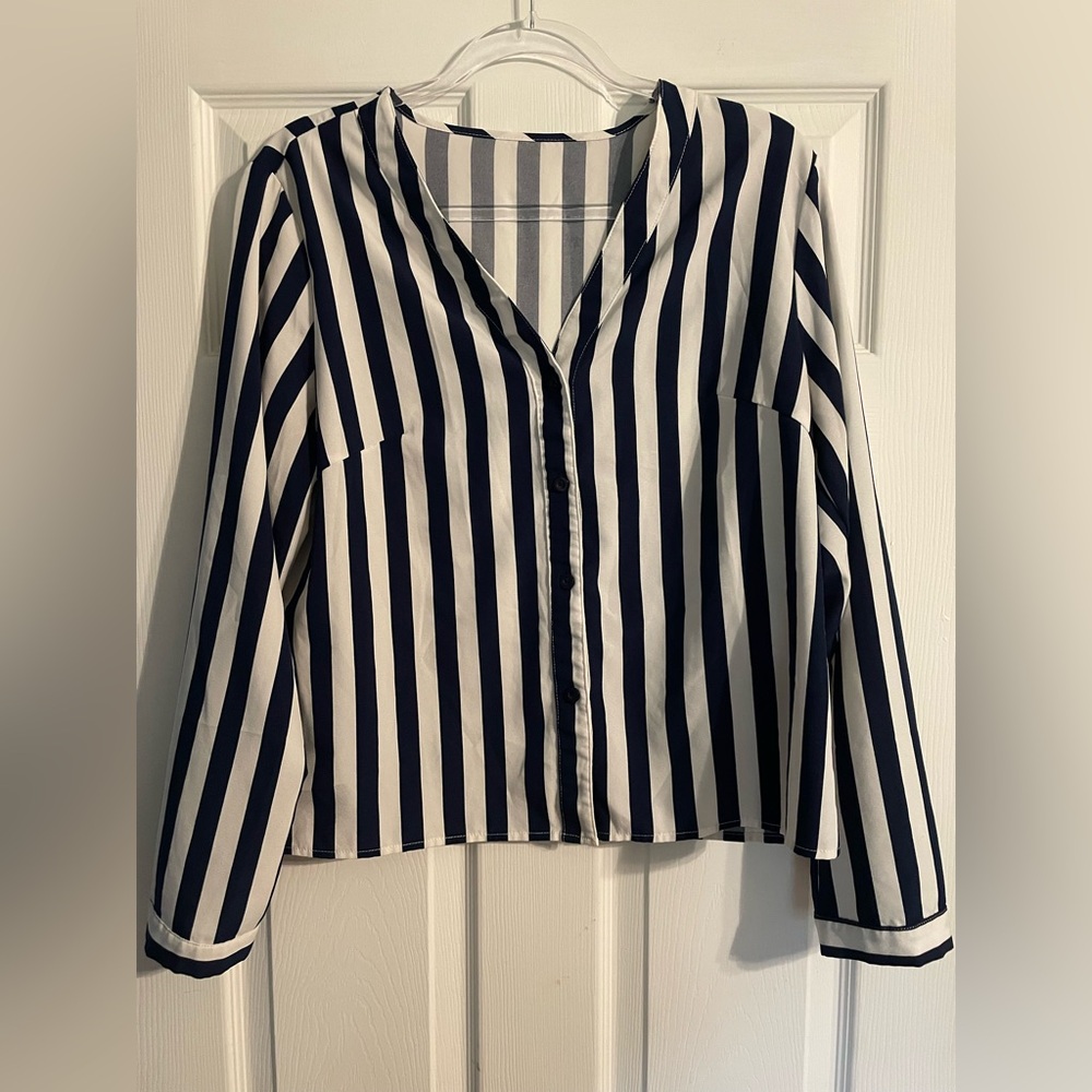 Striped Navy and White Button-Front Shirt